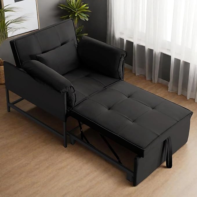 Pull Out Sofa Bed, Convertible Sleeper Chair Bed with Lumbar Pillow, 3-in-1 Sofa Chair with 3 Adjustable Backrest, Armchair Sleeper Small Couch for Small Spaces Living Room Black-Ruum Studio Home