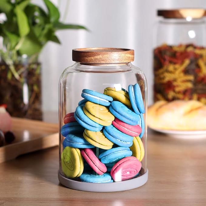 Thicken Glass Storage Jar, Food Storage Container/Canisters with Airtight Wooden Lid for Tea, Coffee, Honey, Cacao Powder,BPA Free Perfect as a Cereal Dispenser (7.6inch 2pcs)-Ruum Studio Home