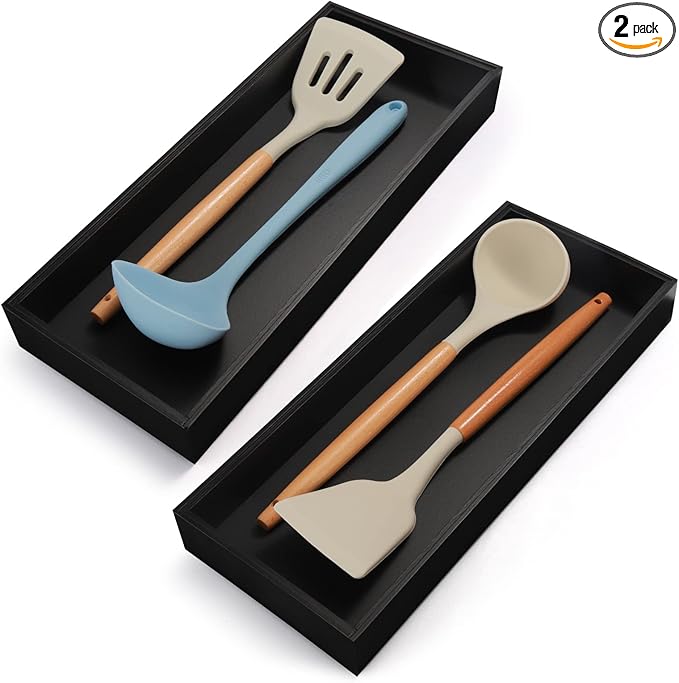 Bamboo Kitchen Drawer Organizer - Set of 2, Stackable Utensil Organizers, Wooden Storage Box Tray for Cabinet, Pantry, Bathroom Countertop, Multi-use Organization and Storage (Black)-Ruum Studio Home