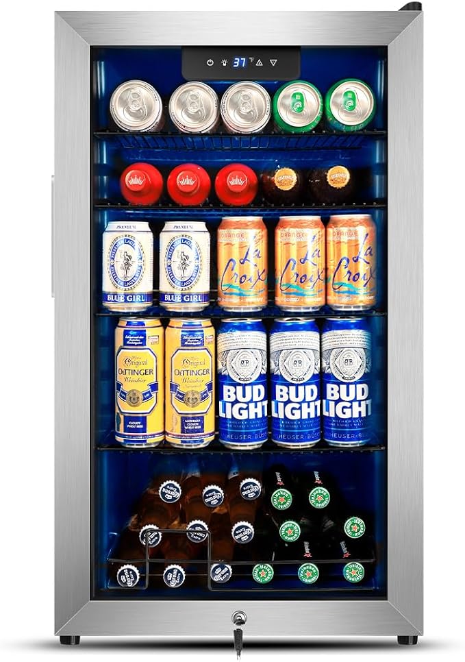 Tylza 130 Can Beverage Refrigerator Cooler, 3.22 Cu.Ft Beverage Cooler with Low-E Glass Door, Safety Lock, Beverage Fridge for Soda, Beer, Wine, Mini Fridge for Home, Office, Bar, Bedroom, Silver-Ruum Studio Home