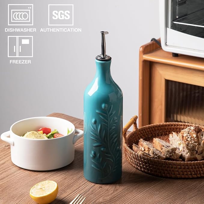 Sweejar Large Olive Oil Dispenser Bottle with Spout, 24 Oz Ceramic Oil Dispenser for Kitchen, Relief Opaque Oil Cruet, Oil Container for Cooking, EVOO, Avocado Oil, Vinegar, Pack of 1 (Gradient Blue)-Ruum Studio Home
