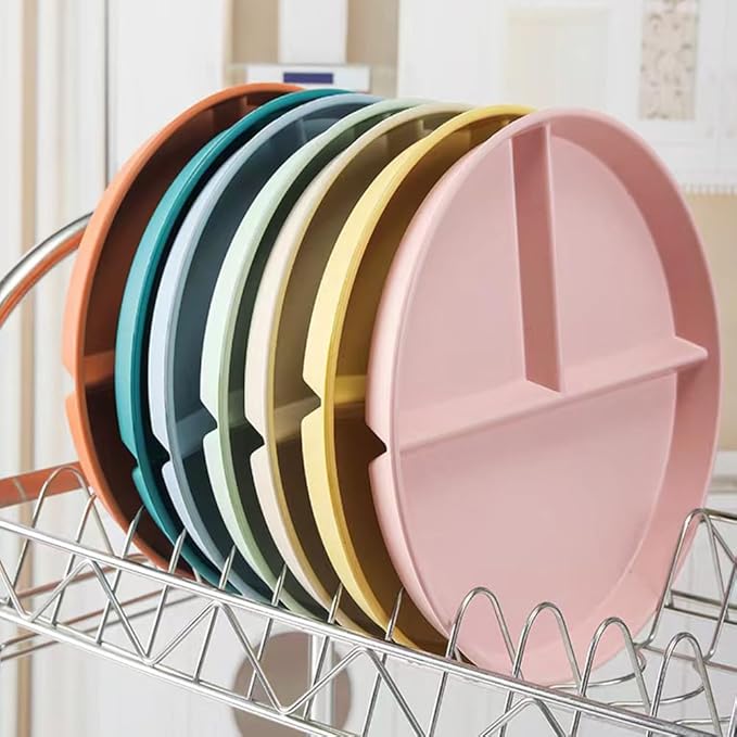 9" Unbreakable Divided Plates Set of 5, Wheat Straw Plate Reusable Dinnerware Portion Control Plates, Round Bariatric Plastic Plate for Kids Adults, BPA-free, Dishwasher Safe-Ruum Studio Home