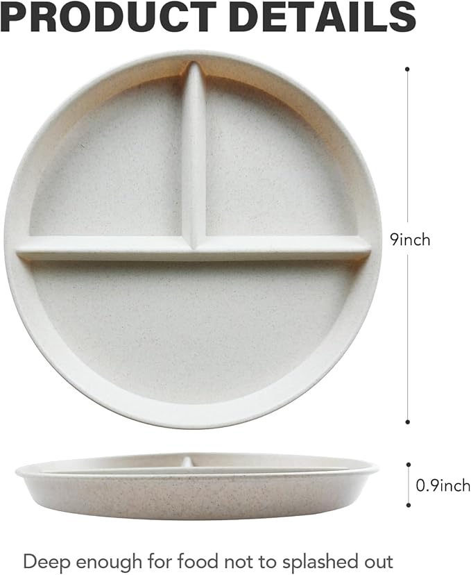 greenandlife 9 Inch 4PCS Unbreakable Portion Control Plates, Divided Plates for Kids Adults, Dishwasher & Microwave Safe Compartment Plate, Lightweight Reusable Wheat Straw Plate, BPA Free-Ruum Studio Home