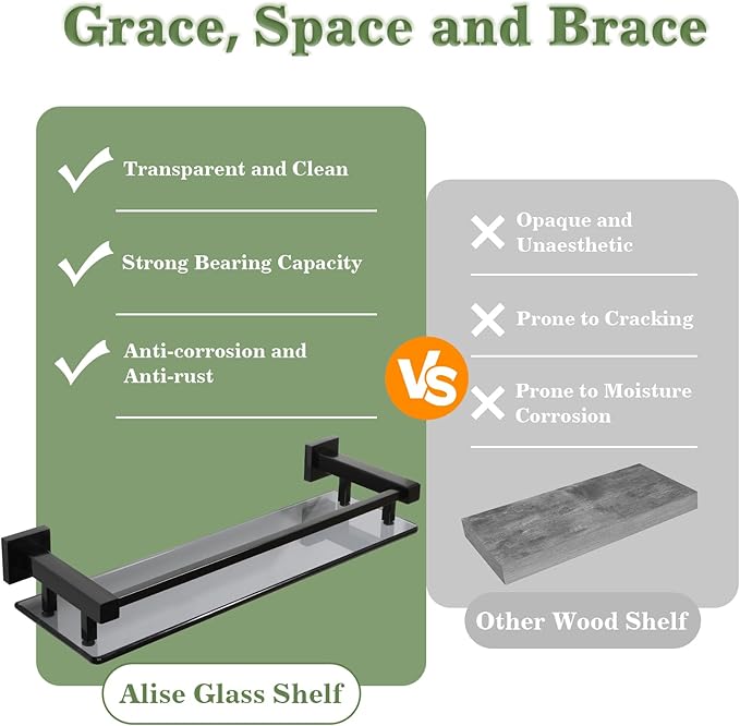 Alise Bathroom Glass Shelf with Stainless Steel Railing, Matte Black Small Tempered Glass Floating Wall Shelf Over The Toilet, 16 inch-Ruum Studio Home