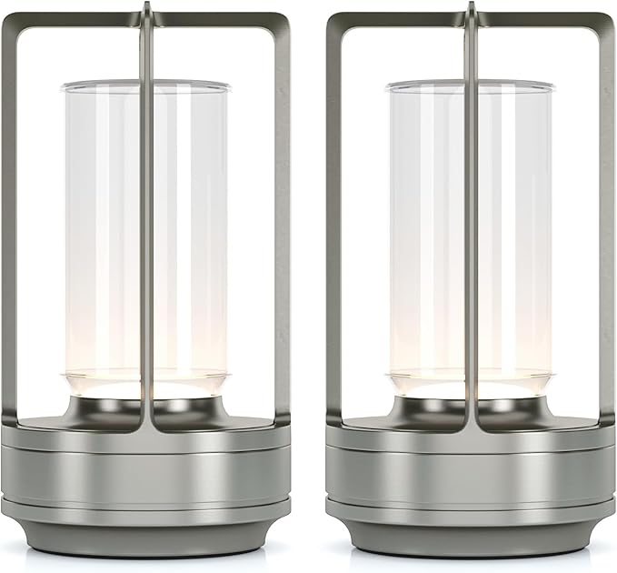 Portable Metal Table Lamp for Indoor/Outdoor ,Rechargeable Cordless LED Lamp, 3-Colour Infinitely Dimming Battery Powered Small Desk Lamp, Restaurant/Bedroom/Bar/Coffee/Camping Light (Sliver Set of 2)-Ruum Studio Home