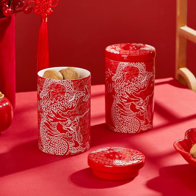Porlien Chinese Dragon Porcelain 15-ounce Canisters Set of 2, Food Storage Containers with Lid for Coffee Beans, Tea, Condiments & Nuts-Ruum Studio Home
