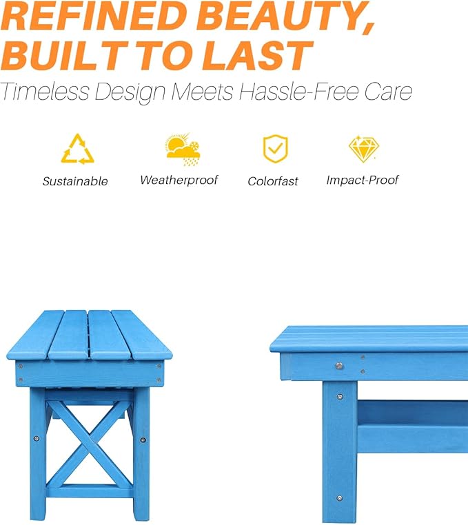 HDPE Outdoor Bench, 55" Patio Bench Outdoor Furniture, Poly Lumber Adirondack Benches, All Weather HDPE Patio Garden Backless Benches for Park, Poolside, Deck, Porch, Sky Blue-Ruum Studio Home