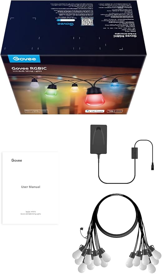 Govee Smart Outdoor String Lights H7015, 48ft RGBIC Outdoor Lights with 15 Dimmable LED Bulbs, IP65 Waterproof, Color Changing Warm White Lights with 47 Scene Modes for Patio, Backyard, App Control-Ruum Studio Home