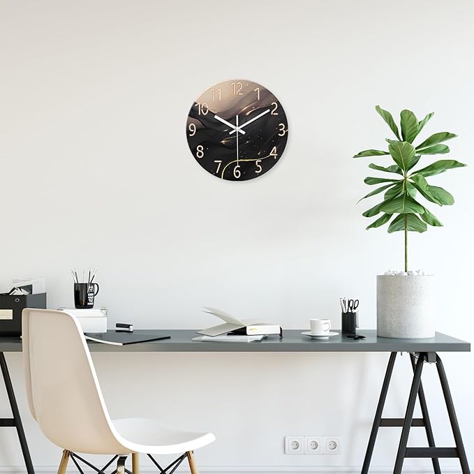 Black and Gold Wall Clocks Battery Operated 14 Inch Wall Clock Silent Non Ticking Glass Decorative Wall Clock for Office-Ruum Studio Home