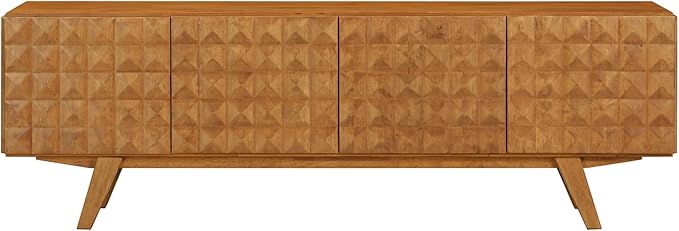 NTC Sapa Mid-Century Modern Solid Wood TV Stand 4-Door Media Console with Carved Geometric Fronts for TVs up to 75", Effortless Assembly, Teak Look-Ruum Studio Home