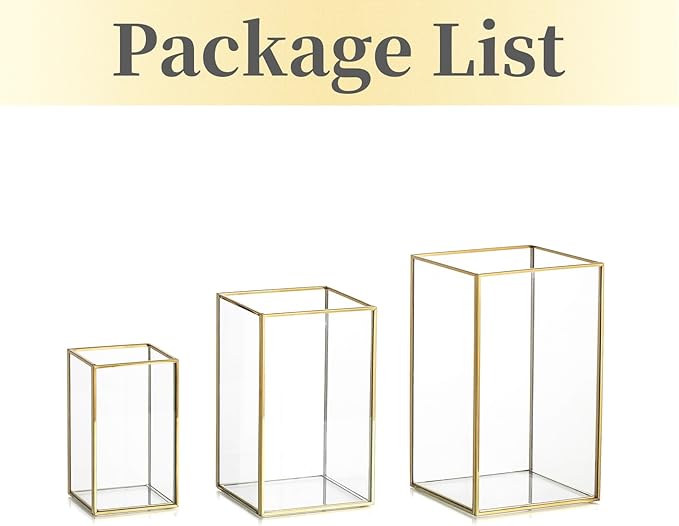 Glass Hurricane Candle Holder Large - Hewory 3pcs Gold Rectangle Flower Holders Centerpiece for Table, Tall Floor Square Pillar Candle Lantern for Wedding, Anniversary, Party, Fireplace, Dining Room-Ruum Studio Home