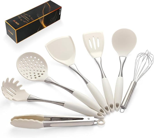 Premium White Silicone Cooking Utensils Set-Non-Toxic, Heat Resistant, BPA Free Kitchen Utensils Set with Spatula, Spoon, Whisk & Tongs-Non-Stick& Dishwasher Safe for Nonstick Cookware-Ruum Studio Home