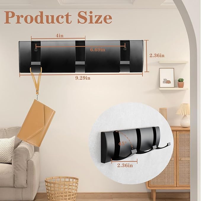 Folding Coat Hooks, Wall Mounted Coat Rack with 3 Retractable Hooks, Heavy Duty Towel Rack for Bathroom Wall Hook for Hanging Clothes Bathrobe, Stainless Steel Coat Hanger for Entryway(Black)-Ruum Studio Home