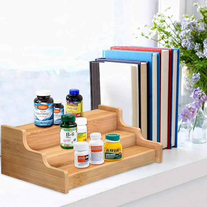 Spice Rack Kitchen Cabinet Organizer- 3 Tier Bamboo Expandable Display Shelf Yellow-Ruum Studio Home