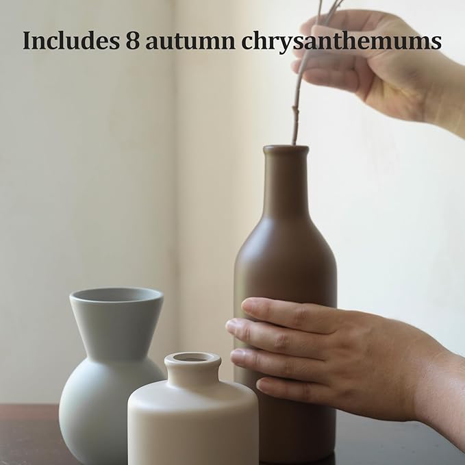 Fake Flowers in Vase for Centerpieces, Faux Flowers in Modern Ceramic Vase Set of 3 with 8 Artificial Autumn Chrysanthemums Home Decor-Ruum Studio Home