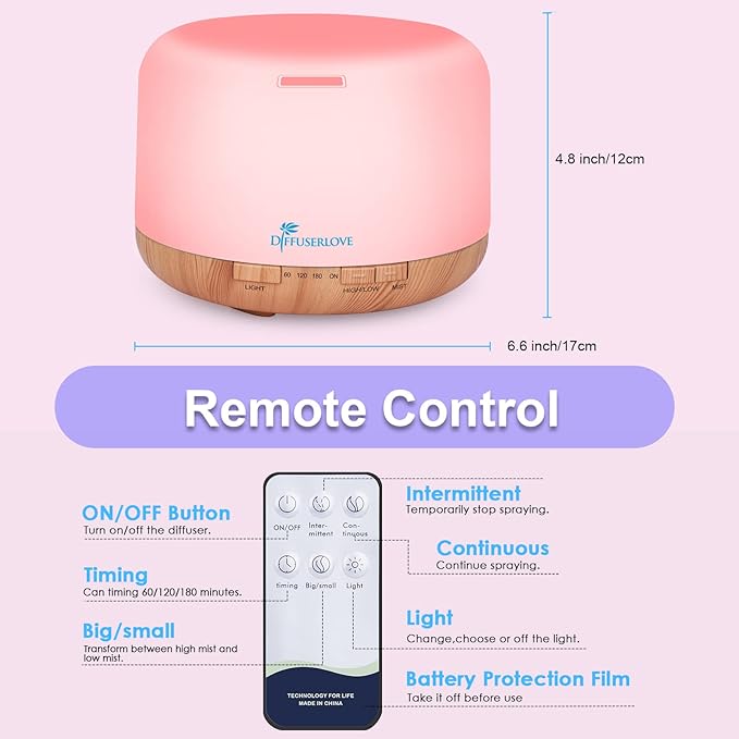 Diffuserlove Diffuser Essential Oil Diffusers 500ML Remote Control Aroma Diffuser Cool Mist Aromatherapy Diffuser with Mute Design, Timer and Auto Shut-Off for Office Living Room Yellow-Ruum Studio Home