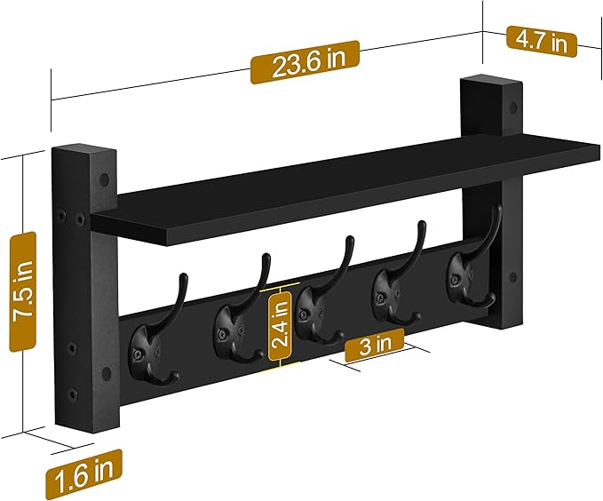 Sorbus Coat Hooks Wall Mount with Shelf – 24 Inch Coat Rack Wall Mount with 5 Heavy Duty Hooks – Floating Wall Shelf with Hooks for Entryway, Bathroom, Bedroom, Kitchen, or Mudroom (Black)-Ruum Studio Home