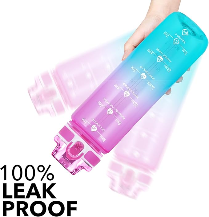 32oz Motivational Water Bottles with Time Marker & Fruit Strainer, Transparent Gradient Color Water Bottle with Times to Drink, Leakproof & BPA Free, Reusable Bottle with Strap (No Straw)-Ruum Studio Home