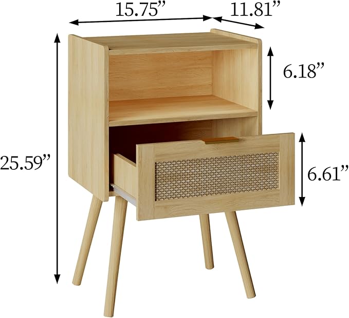 Rattan Nightstand,Modern Bedside Table with Storage Drawer and Open Wood Shelf, for Living Room, Bedroom and Small Spaces, Accent Night Stand with Solid Wood Legs, Easy Assembly,(Oak)-Ruum Studio Home
