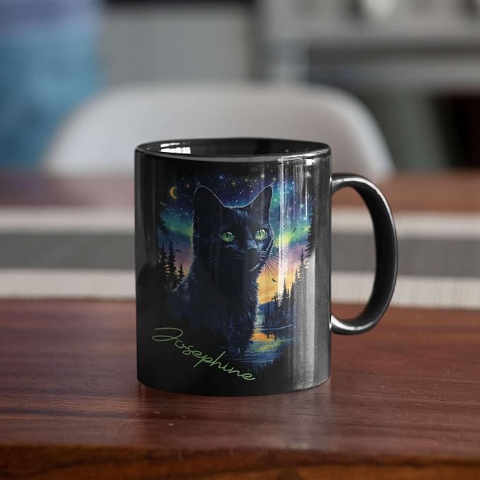 Custom Cute Cat Coffee Mug With Northern Lights, Customized Name Ceramic Mug 11oz 15oz, Beautiful Nature Scene Mug, Personalized Animal Lovers Black Cup, Gift For Pet Enthusiasts-Ruum Studio Home