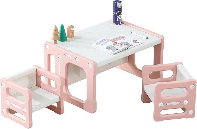 3 in 1 Montessori Weaning Table and 2 Chairs Set, Kids Desk and Chair Set, 2 Height Levels, Toddlers Activity Table for Drawing, Dining, Reading and Playing, Pink-Ruum Studio Home