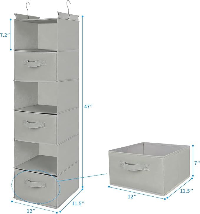 MAX Houser 6 Tier Shelf Hanging Closet Organizer, Closet Hanging Shelf with 2 Sturdy Hooks for Storage, Foldable (Light Grey-D3)-Ruum Studio Home