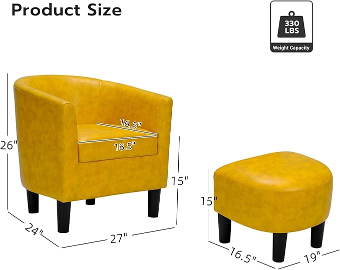 INZOY Modern Accent Chair with Ottoman for Small Space, Club Chair with Ottoman Set, Comfy PU Leather Barrel Reading Chairs for Living Room Bedroom, Round Reading Chair with Foot Rest, Yellow-Ruum Studio Home