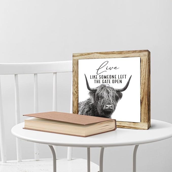 Funny Wood Sign, Cow Decor, Wooden Plaques Sign Table Decoration, Farmhouse Decorate for Shelf, Country Style Home Decor, Inspirational Decorate Signs, Live Like Someone Left the Gate Open Signs-Ruum Studio Home