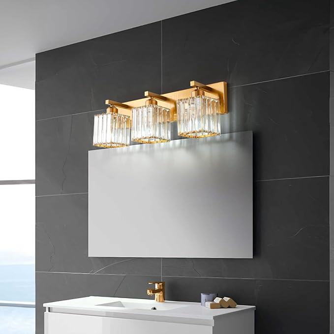 Modern Bathroom Vanity Light 3-Lights Gold Crystal Bathroom Wall Light Vanity Light Fixtures，20.47-inch Modern Minimalist Design-Ruum Studio Home