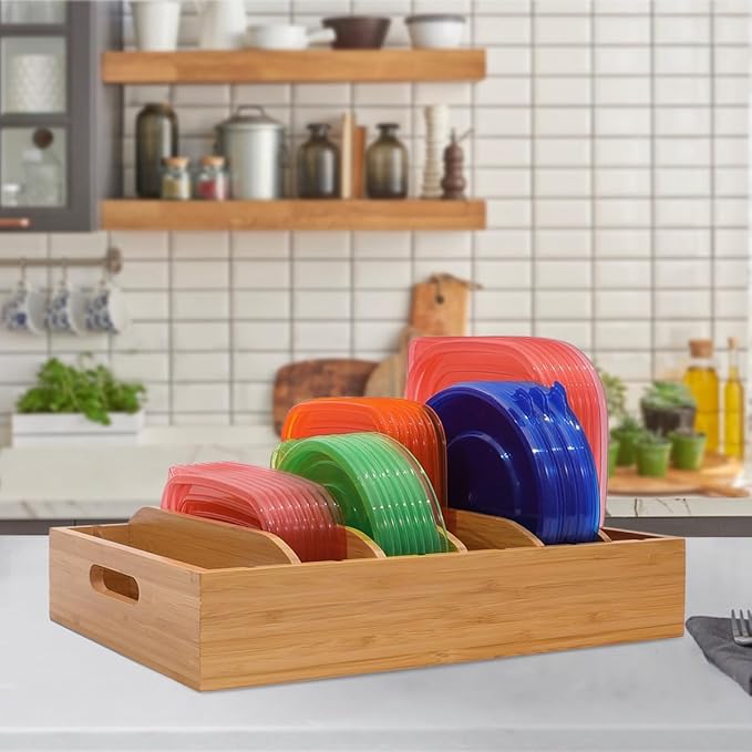 2 Pack Bamboo Lid Holder Food Container, Kitchen Organizer with 5 Adjustable Dividers, Cabinet Organizer for Food, Kitchen Gadget, Container Lids-Ruum Studio Home