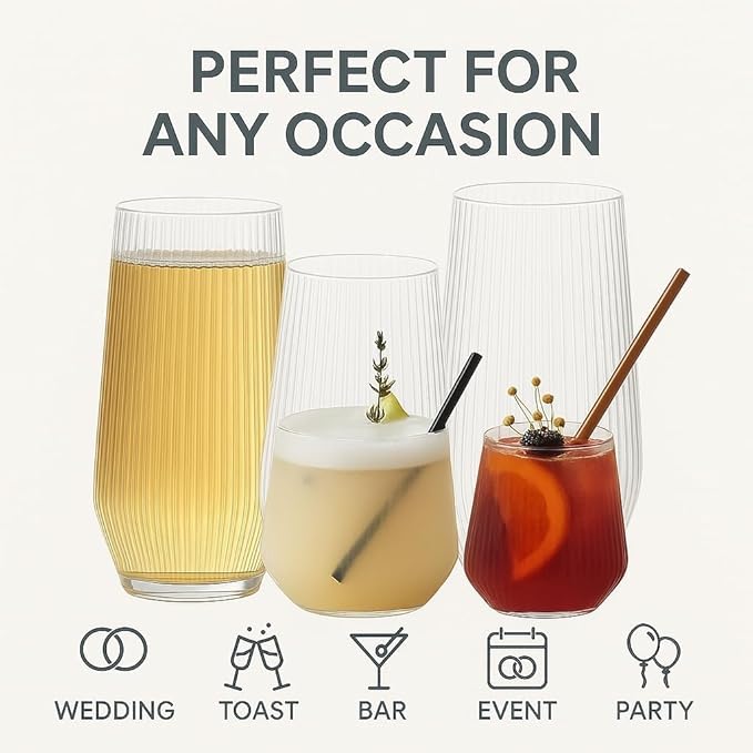 24 Pack Ribbed Origami Ripple Plastic Glasses, 12-9 Ounce Stemless Champagne Flutes & 12-12 Ounce Cups, BPA-Free Disposable Shatterproof Toasting Glasses for Weddings, Bars, and Events (Clear)-Ruum Studio Home
