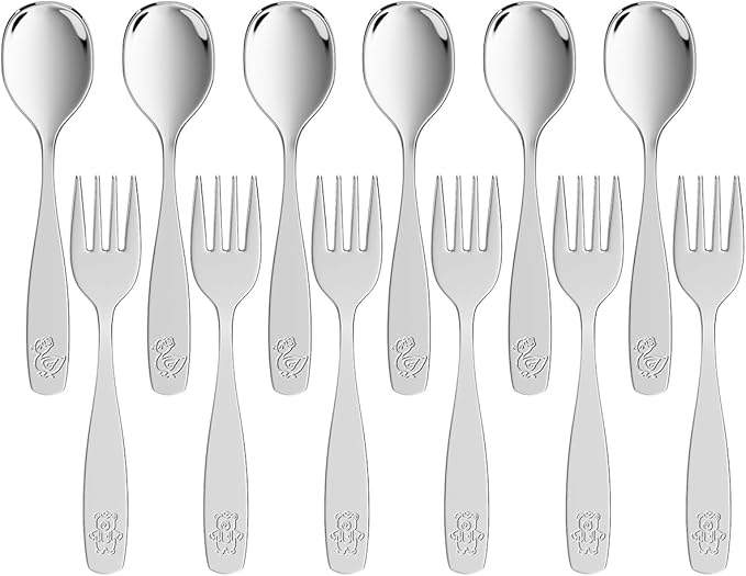 12 Pieces Toddler Utensils, Kids Stainless Steel Silverware Set - 6pcs Forks and 6pcs Spoon, Cute Children Flatware Sets with Mirror Polished, Self Feeding Safe, Dishwasher Safe-Ruum Studio Home