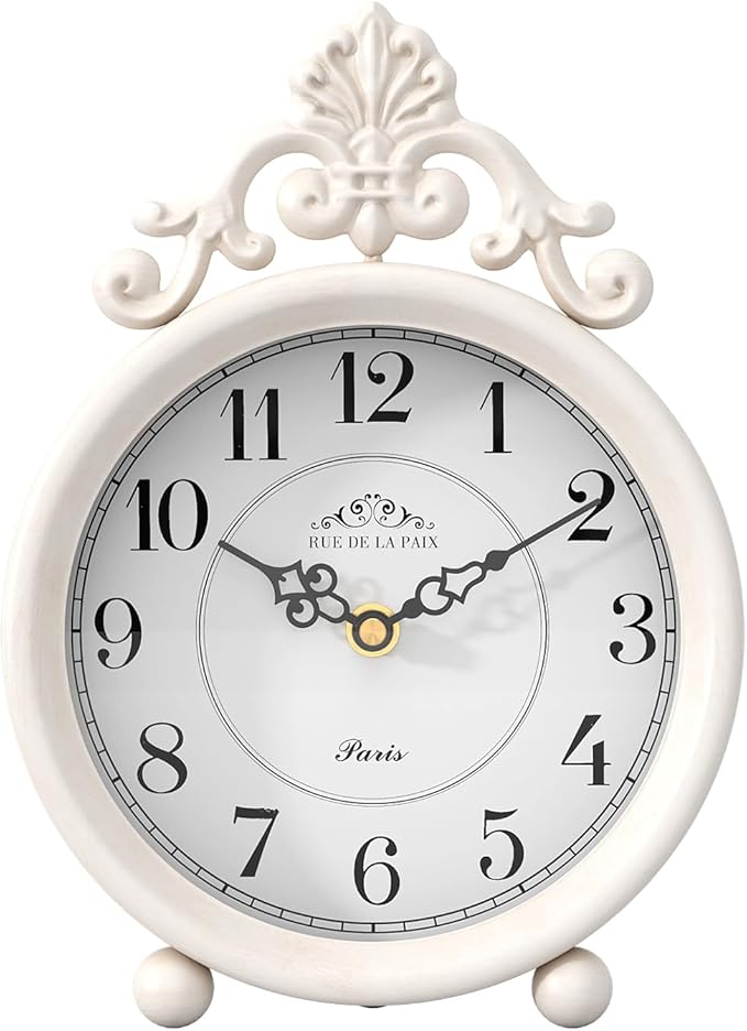 Vintage White Table Clock, Desk and Shelf Mantel Clock, French Rustic Antique Style Decor Clocks, for Farmhouse, Bedroom, Living Room, Bedside, Gift (9" H x 6.3" W)-Ruum Studio Home