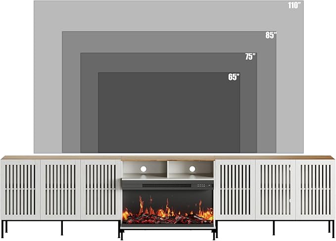 3-Sided Glass Farmhouse Fireplace TV Stand for TVs Up to 110 Inch, Entertainment Center with 36" Electric Fireplace, Antique White TV Console with Storage Cabinets for Living Room-Ruum Studio Home