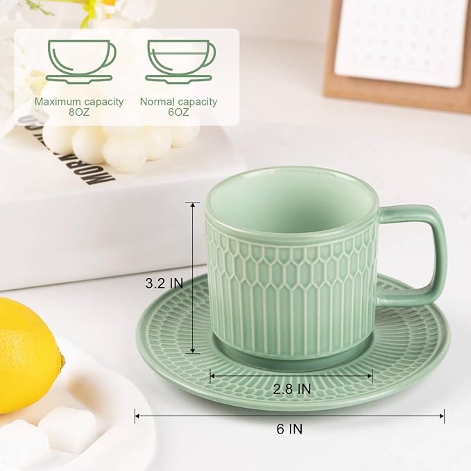 Large Cappuccino Cups with Saucers Set of 4, 8 Ounce Stackable Embossed Ceramic Coffee Mugs for Specialty Coffee Drinks, Latte, Cafe Mocha and Tea, Dishwasher & Microwave Safe (Green)-Ruum Studio Home