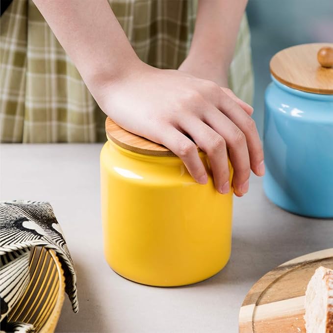 Sweejar Ceramic Kitchen Canisters, 28 FLOZ Porcelain Food Storage Jar with Airtight Seal Wooden Lid, Home Container Serving for Coffee Beans, Tea-leave, Sugar, Salt and More, Tool Bucket (Yellow)-Ruum Studio Home