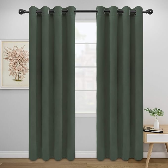 Easy-Going Blackout Curtains for Bedroom, Solid Thermal Insulated Grommet and Noise Reduction Window Drapes, Room Darkening Curtains for Living Room, 2 Panels (52x84 in,Greyish Green)-Ruum Studio Home