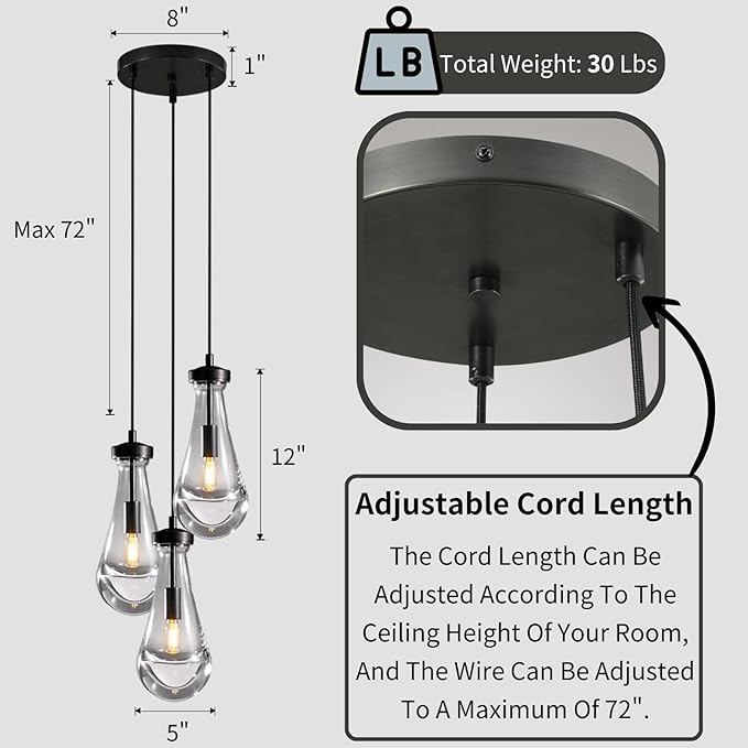 Bronze 3 Light Pendant Lighting, Raindrop Pendant Lights, Black Adjustable Hanging Rope Cluster Pendant Lighting Over Kitchen Island, Teardrop Glass Chandelier Dining Room Light Fixture-Ruum Studio Home