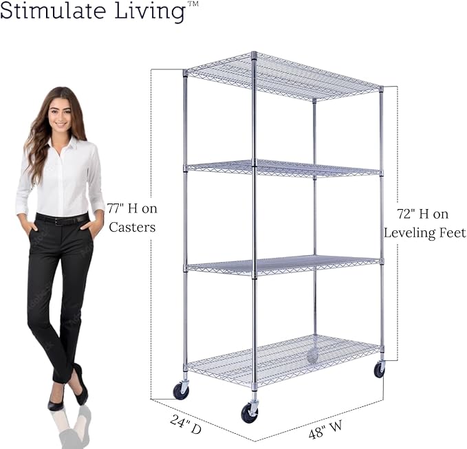 48"x24"x72" Prime Heavy Duty Chrome 4-Tier Wire Shelving NSF 3200 LBS MAX Capacity Storage Rack for Commercial, Hospital, School, Garage, and Kitchen Uses (with Wheels)-Ruum Studio Home