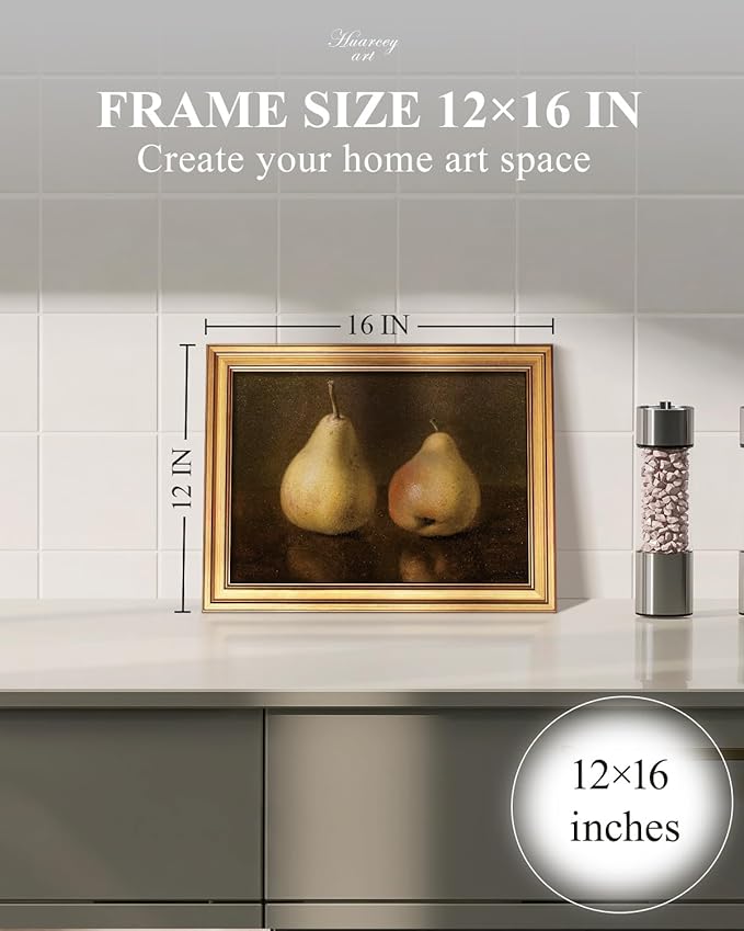 HUARCEY Gold Framed Vintage Wall Art for Living Room, Pear Fruits Painting Prints Shelf Decor for Kitchen, Aesthetic Bedroom Wall Art Decor, Christmas Gift for Friends or Family (Two Pears 12"x16")-Ruum Studio Home