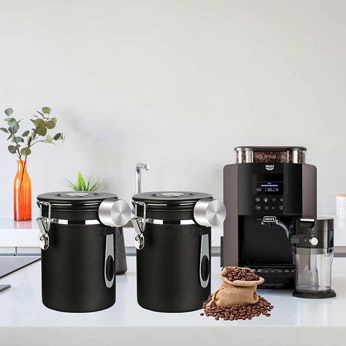 Coffee Canister Airtight Coffee Storage Container Stainless Steel Air Tight Coffee Jar with Scoop, Date Tracker and CO2 Release Valve for Beans, Ground, Tea, Flour, Cereal and Sugar (2pcs-Black-1.8L)-Ruum Studio Home