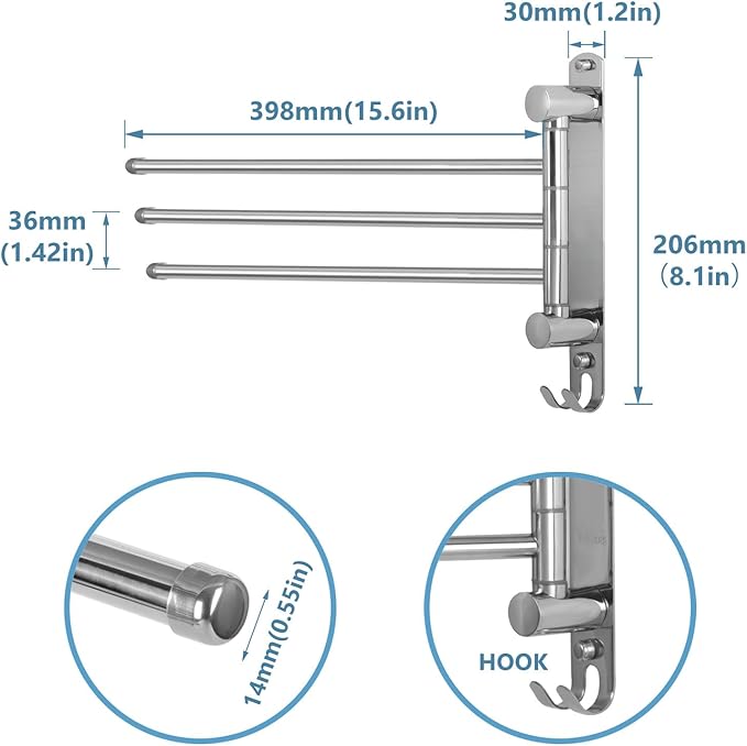 Bathroom Towel Rack JSVER 3 Arms Extended Towel Holder, Swivel Towel Bar, SUS304 Stainless Steel Space Saving Towel Racks for Bathroom, Kitchen-Ruum Studio Home