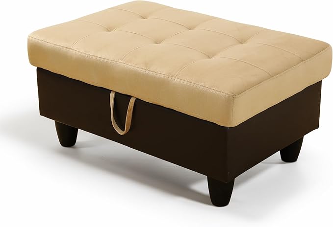 Ottoman Rectangular Storage Ottoman Bench, Flannel Footrest Stool Footstool with Lid for Living Room, Bedroom, Entryway, Champagne&Black, 35"x23.5"x17.5"-Ruum Studio Home