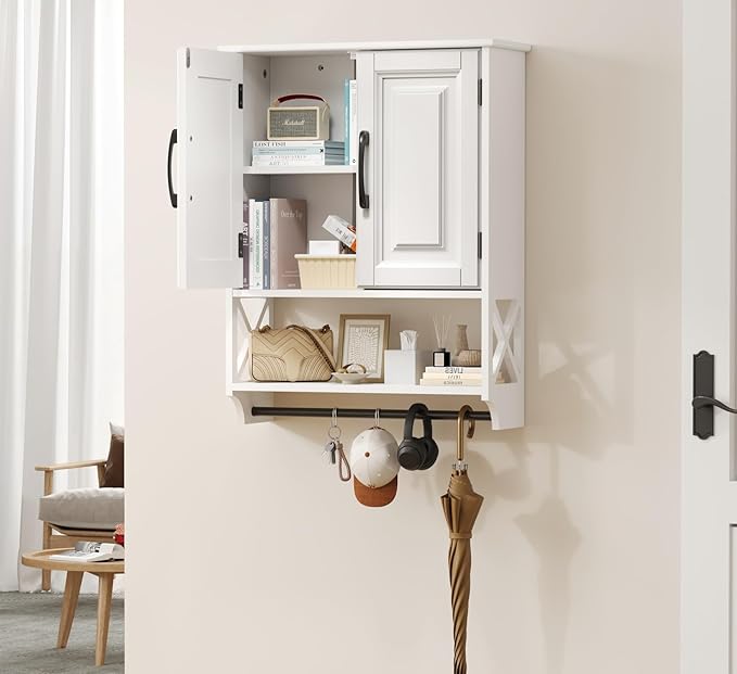 Bathroom Cabinet Wall Mounted, White Bathroom Wall Cabinets with Towel Bar and 2 Doors, Wooden Medicine Cabinet with Adjustable Shelf, Open Storage-Ruum Studio Home