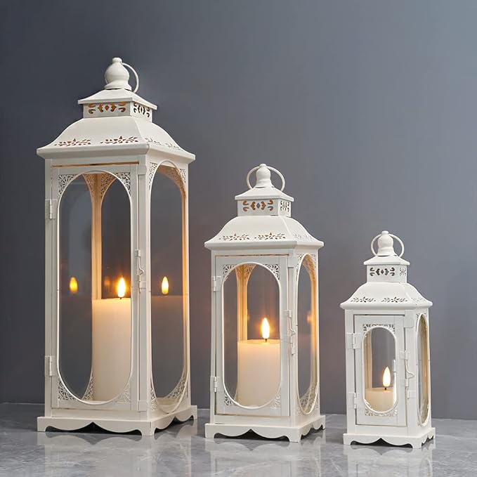 TRIROCKS Set of 3 Vintage Candle Lanterns 10/14/19.5'' High Decorative Outdoor Lantern Metal Candle Holder with Tempered Glass for Home Living Room Garden Yard Parties Events Indoors Outdoors (White)-Ruum Studio Home