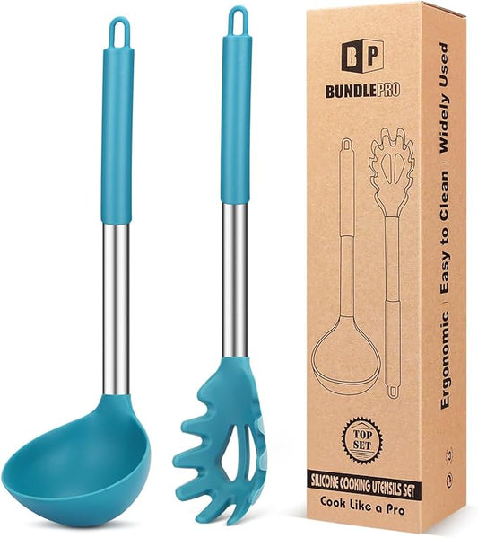Silicone Pasta Fork and Ladle Spoon Set, Large Non Stick Kitchen Utensils for Cooking,Stirring,Serving Spaghetti, Soup, Sauce (BLUE)-Ruum Studio Home