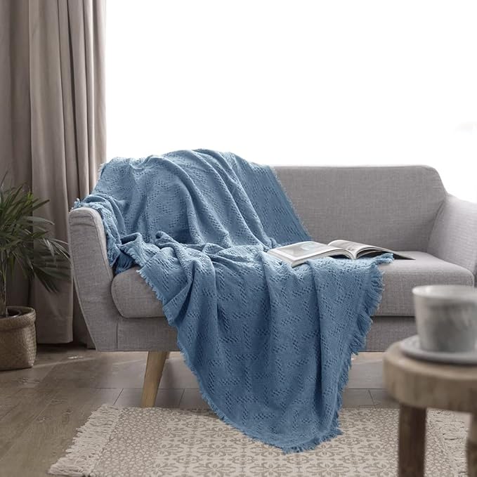 Simple&Opulence 100% Cotton Throw Blanket for Bed, Couch, Boho Luxury Geometric Knit Woven Blanket with Tassels Soft Lightweight Cozy Breathable, Vintage Farmhouse Decoration for All-Season(Blue)-Ruum Studio Home