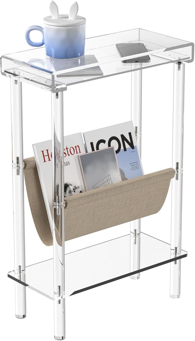 Eglaf Acrylic Narrow Side Table for Small Spaces - Slim End Table with Magazine Holder - Skinny Side Table Small Bedside Table Nightstand for Living Room Bedroom- 15.7” L x 7” W x 23.9” H, Clear-Ruum Studio Home