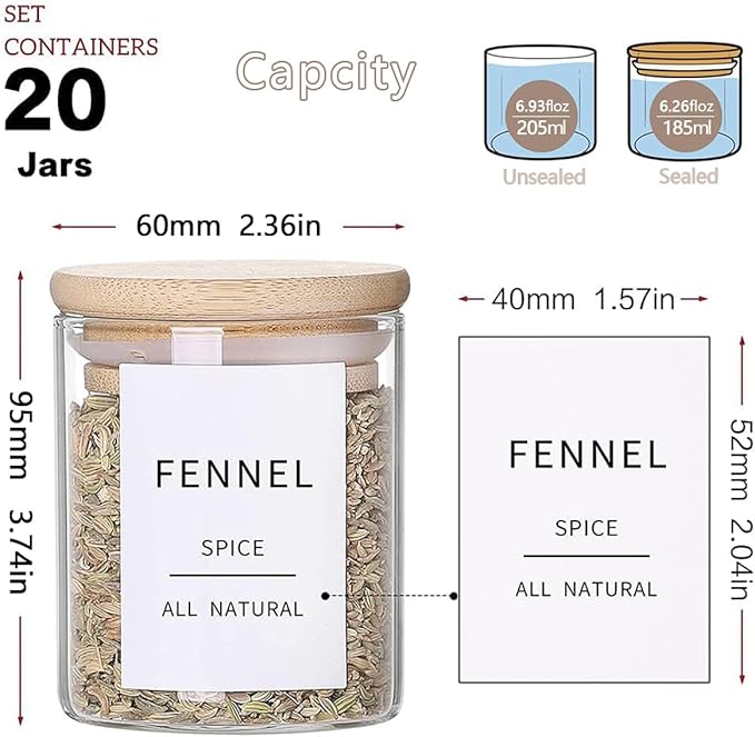 Glass Spice Jars with Bamboo Lids - 20 Pcs Thicken(2.4mm) 6oz Airtight Seasoning Containers with 131 Waterproof Minimalist Spice labels Preprinted - Small herb Jars for Pantry Organization and Storage-Ruum Studio Home