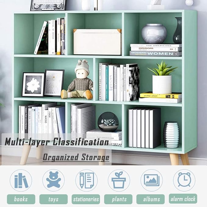 IOTXY Wooden Open Shelf Bookcase - 3-Tier Floor Standing Display Cabinet Rack with Legs, 8 Cubes Bookshelf, Tiffany-Green-Ruum Studio Home
